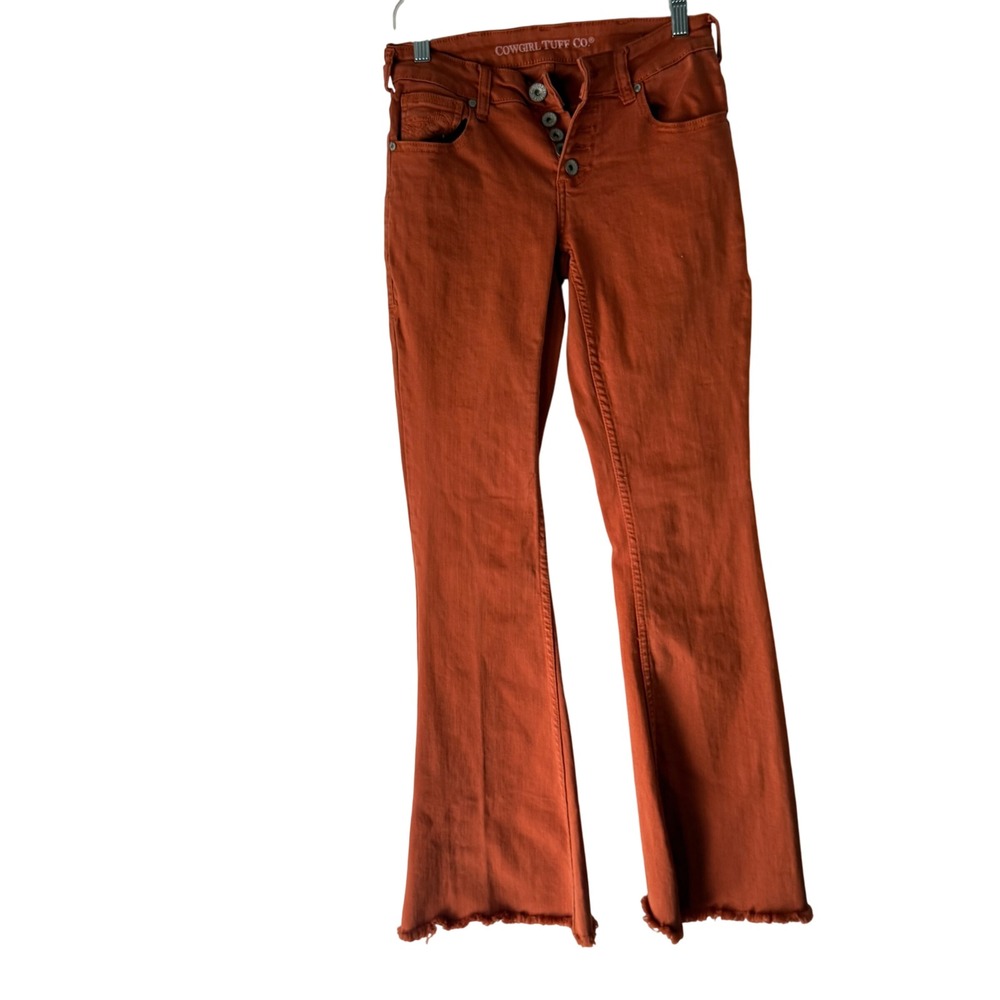 Cowgirl Tuff Co. W 27 Orange Bootcut Jeans Frayed‎ Hem Button Fly Western Style